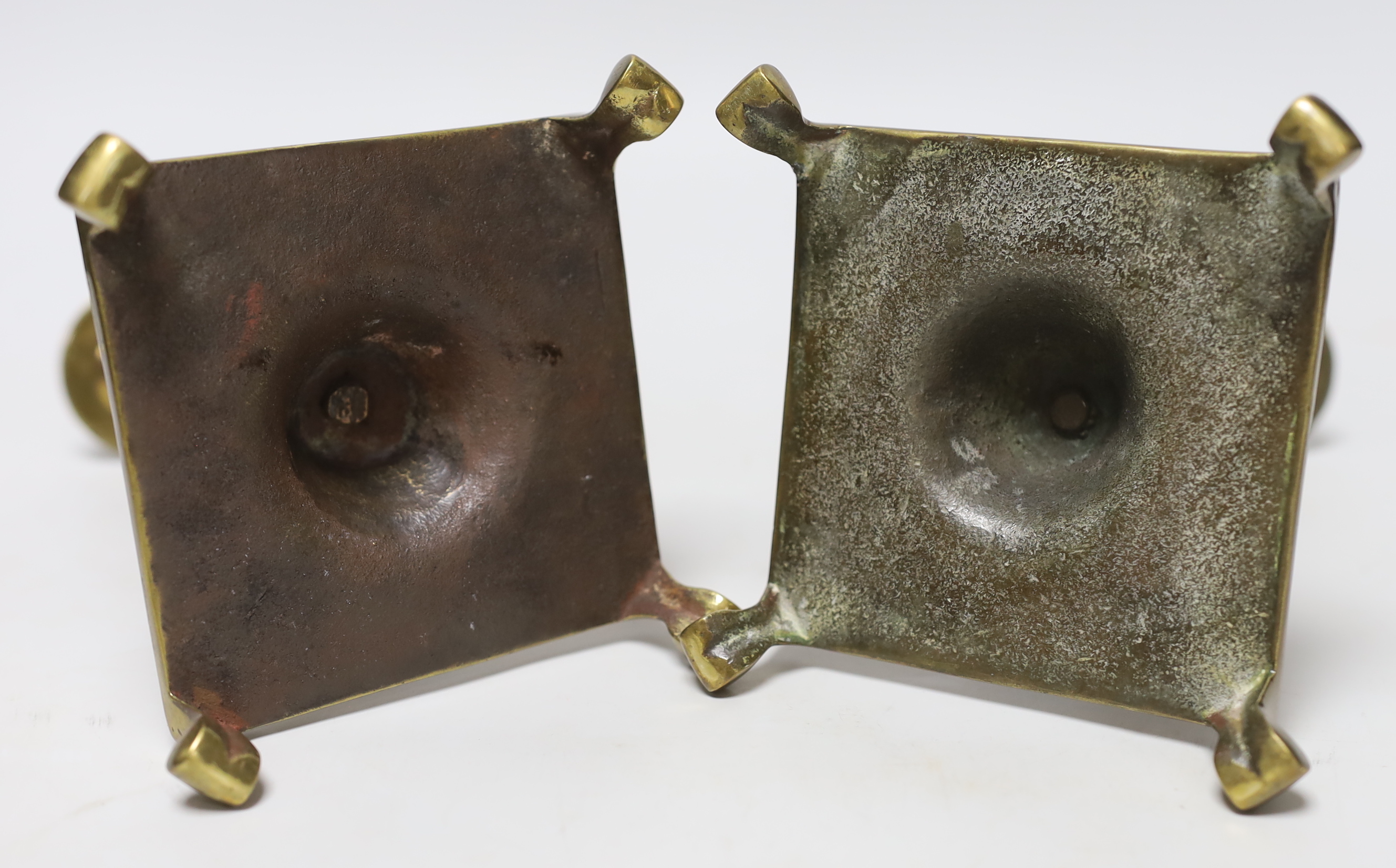 A pair of Spanish brass 17th/18th century candlesticks, 19cm